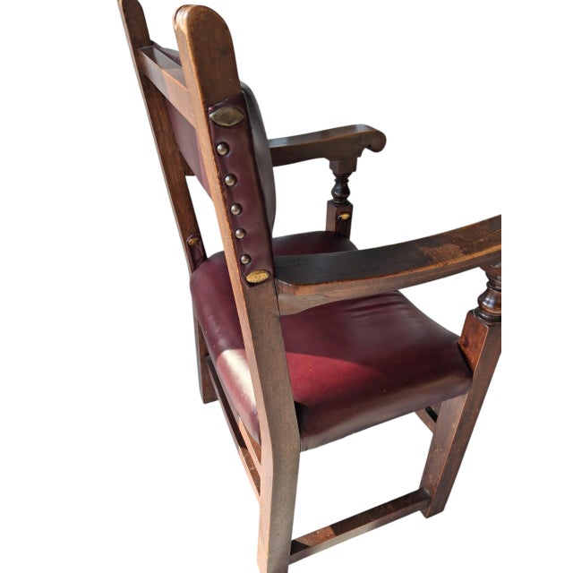 Rare Antique Spanish Revival / Gothic Oak Armchair in Oxblood Leather & Bronze Accents For Sale In Raleigh - Image 6 of 12
