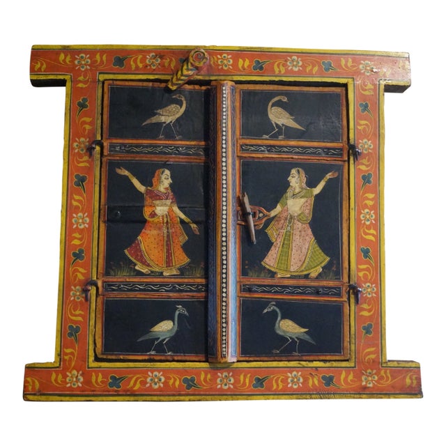 1960s Hand Painted Gopis Indian Window Wall Hanging For Sale