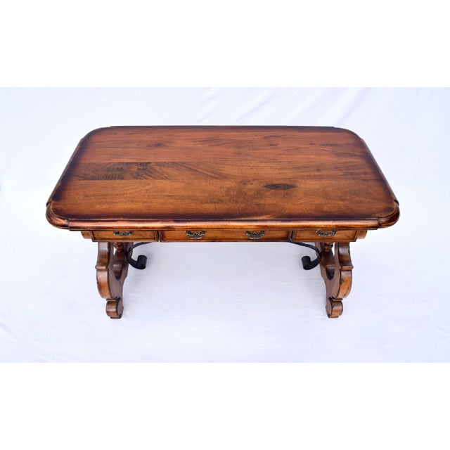 Outstanding Spanish Colonial style solid pine desk with three dovetailed drawers & forged iron base. A substantial Desk,...