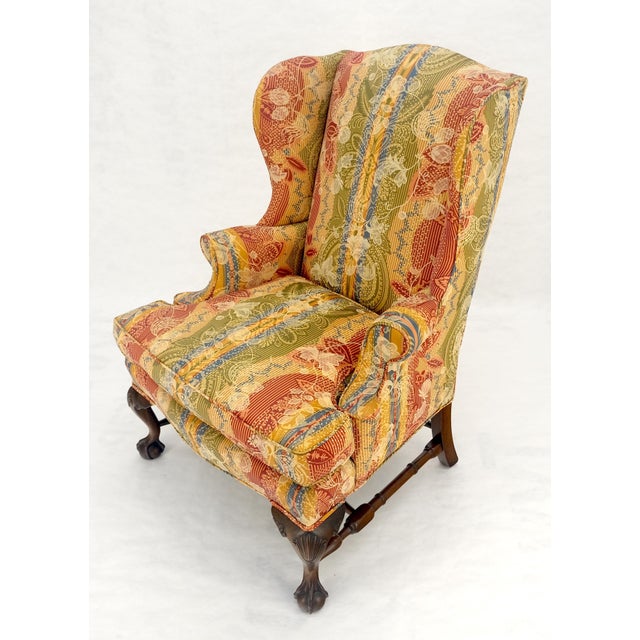Large Fancy Floral Pattern Uphlstry Fine Carved Ball & Claw Feet Wing Chair MINT For Sale - Image 11 of 13