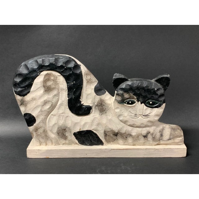 Black Vintage Folk Art Painted Wooden Carved Cat Sculpture For Sale - Image 8 of 8