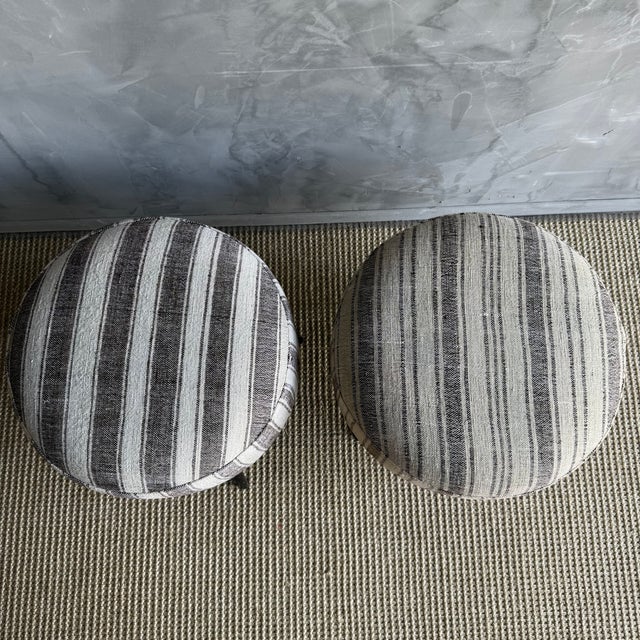Off-white Pair of Striped Off-white, Gray Vintage Turkish Rug Ottomans For Sale - Image 8 of 8