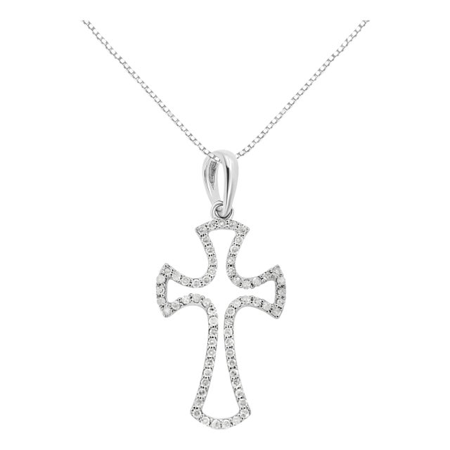 .925 Sterling Silver 1/3 Cttw Diamond Framed Open Cross 18" Pendant Necklace For Sale