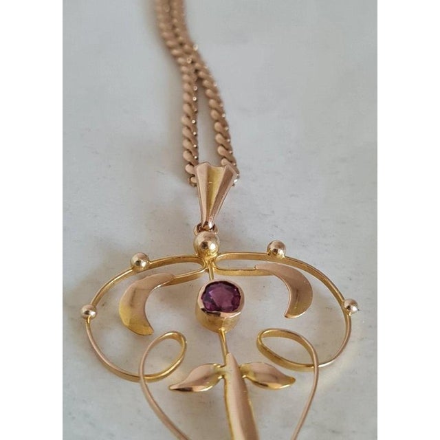Early 20th Century Antique Art Nouveau Gold Amethyst & Garnet Pendant Necklace, 1900 For Sale - Image 5 of 12