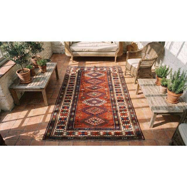 1890s Red Diamond Tribal Antique Caucasian Kazak Rug 4'3" X 7'7" Handknotted Wool Carpet For Sale In New York - Image 6 of 8