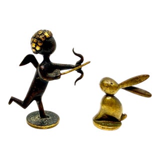 2 1930’s Hagenauer Werksttate Bronze Figurines “Amor” Cupid and Bunny Rabbit For Sale