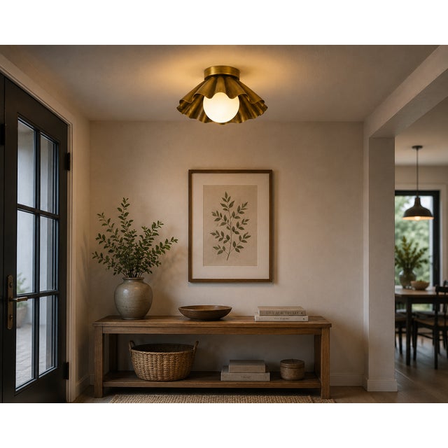 Not Yet Made - Made To Order Handcrafted Solid Brass Scalloped Flush Mount Ceiling Light With Opal Glass Globe For Sale - Image 5 of 8