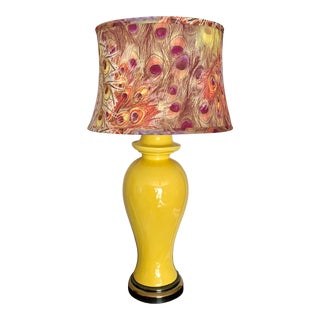 Yellow Vintage Ginger Jar Lamp With Peacock Feather Print Shade For Sale
