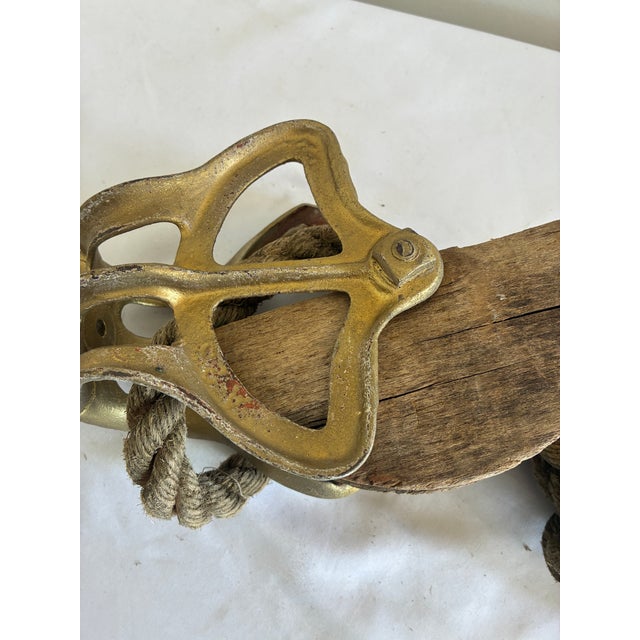 Vintage Nautical Wood & Cast Metal Pulley Block With Rope – Maritime Industrial Décor For Sale - Image 12 of 12