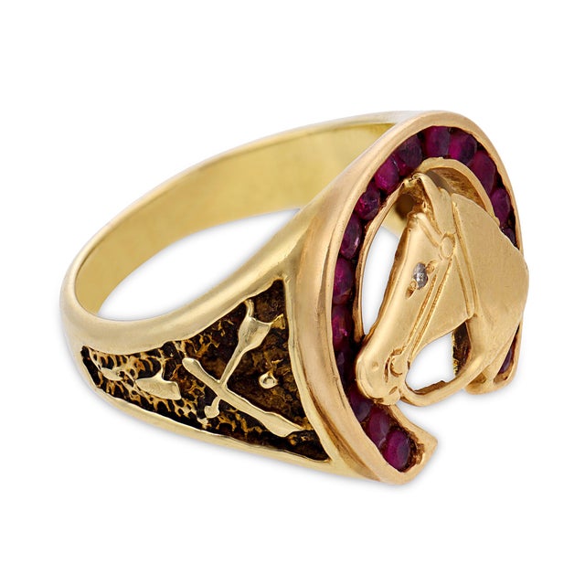 1940s 1940s Retro Ruby Diamond 14k Yellow Gold Horseshoe Signet Ring, Size 6.75 For Sale - Image 5 of 7