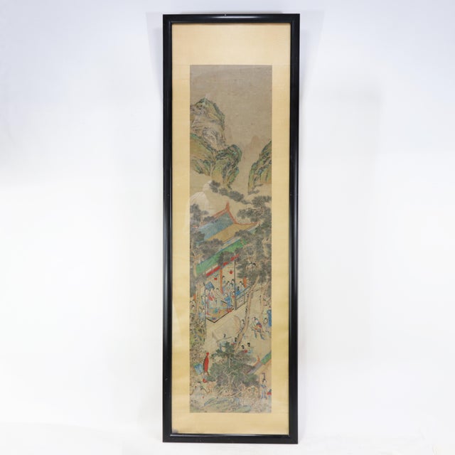 Vintage Chinese Framed Painting of Pavilion Garden Scene With Figures and Mountain Landscape For Sale - Image 10 of 10