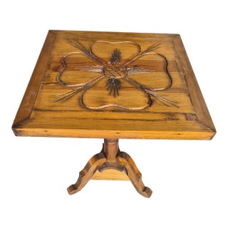Vintage Folk Art Hand-Carved Pine Pedestal Side Table With Thistle Design For Sale