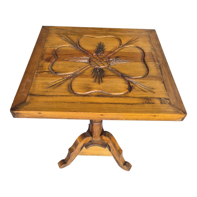 Vintage Folk Art Hand-Carved Pine Pedestal Side Table With Thistle Design For Sale