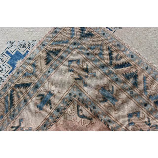 Cream and Blue Geometric Medallion Design Vintage Turkish Oushak Rug For Sale - Image 9 of 10
