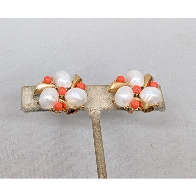 Trifari Vintage 1959 Signed Crown Trifari Faux-Pearl & Cabochon Faux-Coral Clip Earrings-2 Pieces For Sale - Image 4 of 8