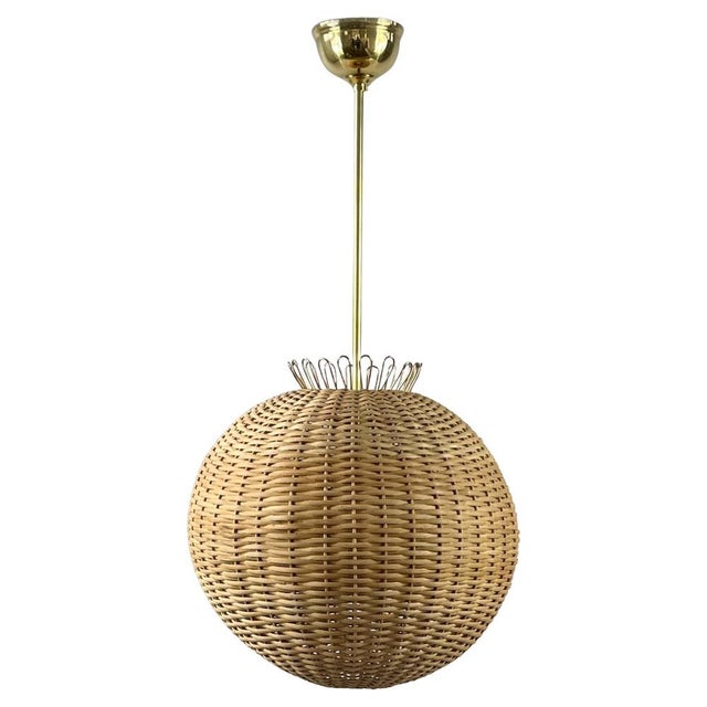 Mid-Century Modern Swedish Ball Rattan and Brass Pendant Light, 1950s For Sale - Image 16 of 16