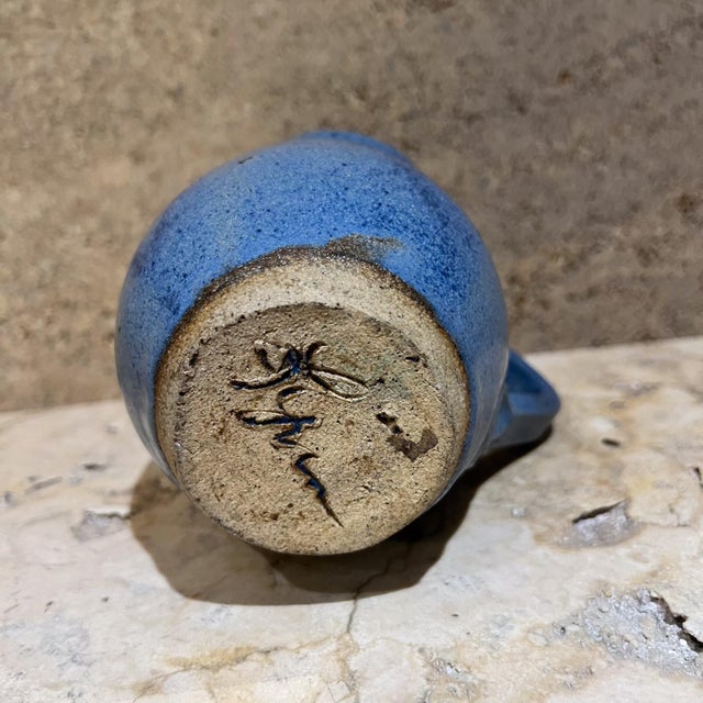 Blue 1980s Speckled Stoneware Art Pottery Blue Pitcher Signed For Sale - Image 8 of 9