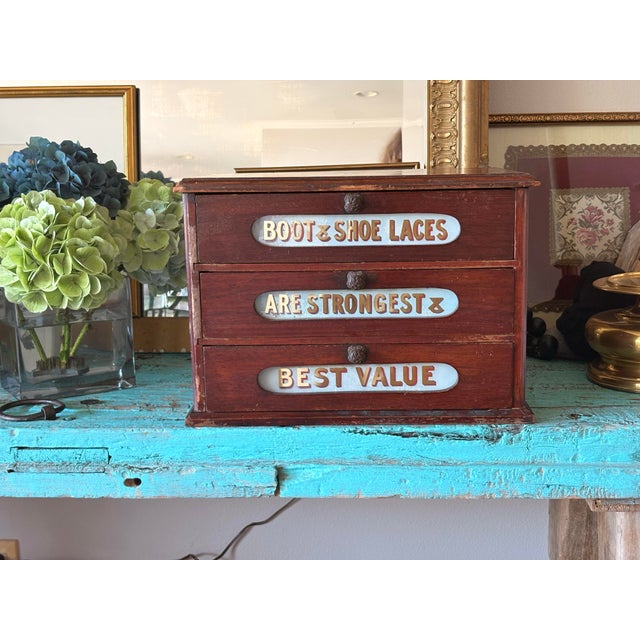 English Antique Paton’s Boot & Shoe Lace Countertop Display Edwardian Era With Glass Signs For Sale - Image 3 of 18