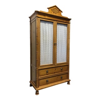 Baker Furniture Inlaid Pine Faux Bamboo Armoire W/ Wire Mesh Doors & Fitted Interior For Sale
