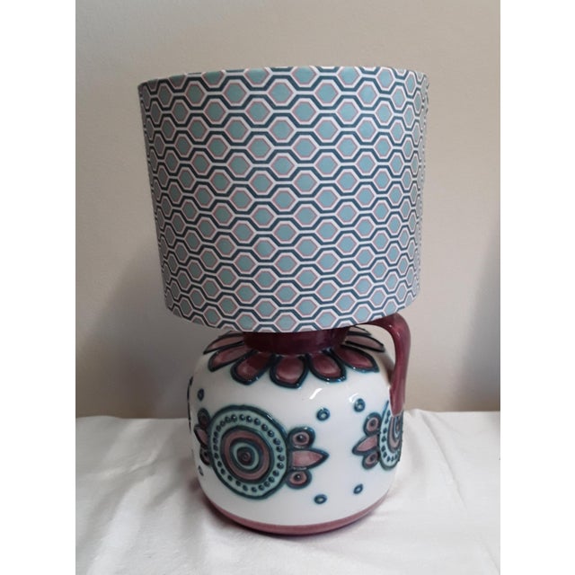 Vintage Table Lamp with Patterned Ceramic Foot and Fabric Screen, 1970s, in Very Good conditions. Designed 1970 to 1979...