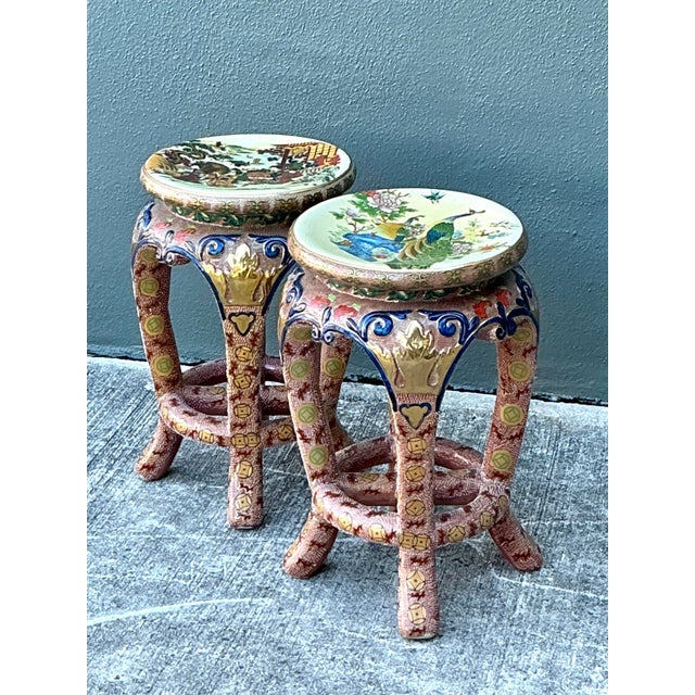 Vintage Asian Glazed Ceramic Low Stools - A Pair For Sale - Image 9 of 12
