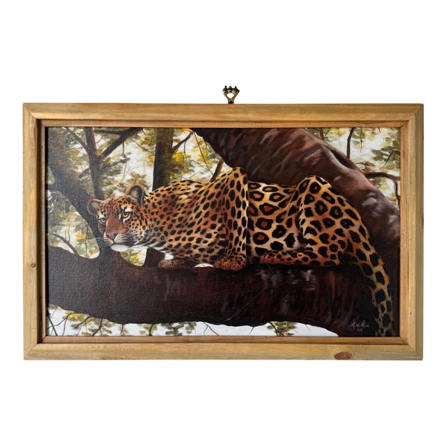 Vintage H.W.Hill Wildlife - Tiger on Tree Landscape Oil on Canvas Painting, Framed For Sale