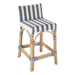 Serienna 24.5 in. Seat Height Rectangular Rattan Low Back Counter Stool, White/Navy Stripe/ Natural Rattan Frame For Sale