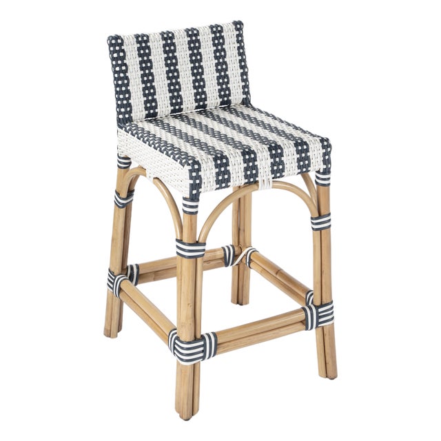 Serienna 24.5 in. Seat Height Rectangular Rattan Low Back Counter Stool, White/Navy Stripe/ Natural Rattan Frame For Sale