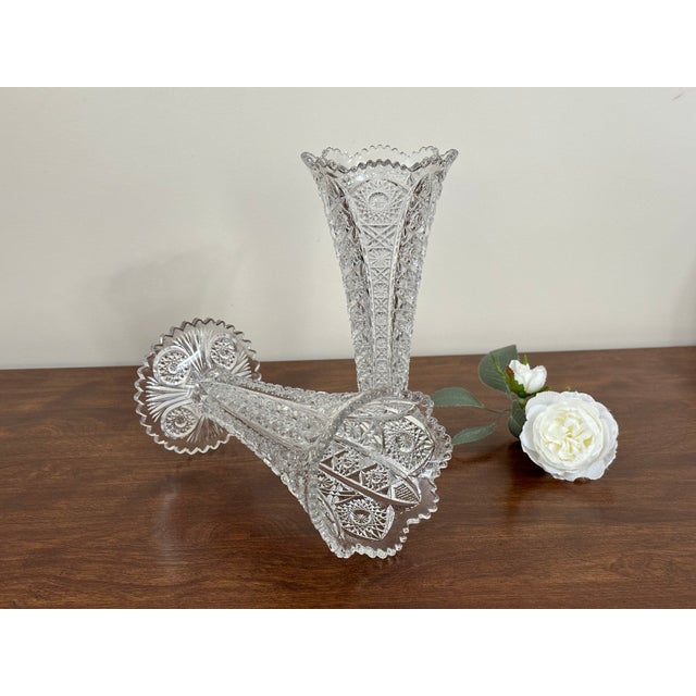 Victorian Pair of Vintage Clear Glass Trumpet Vases, Daisy & Button Pattern, Mid Century Pressed Glass Decor For Sale - Image 3 of 10