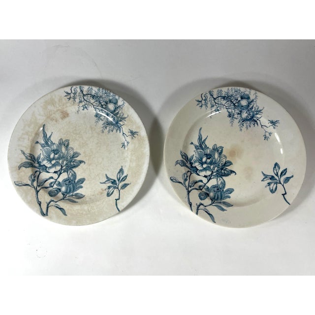 Ceramic Pair of French Blue Transferware Plates by Doulton Burslem England - Arundel Pattern - Floral and Pomegranate Design For Sale - Image 7 of 7
