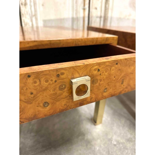 Pair of elm burl veneer tables or bedside tables attributed to guy lefèvre for maison jansen, circa 1970. Each table...