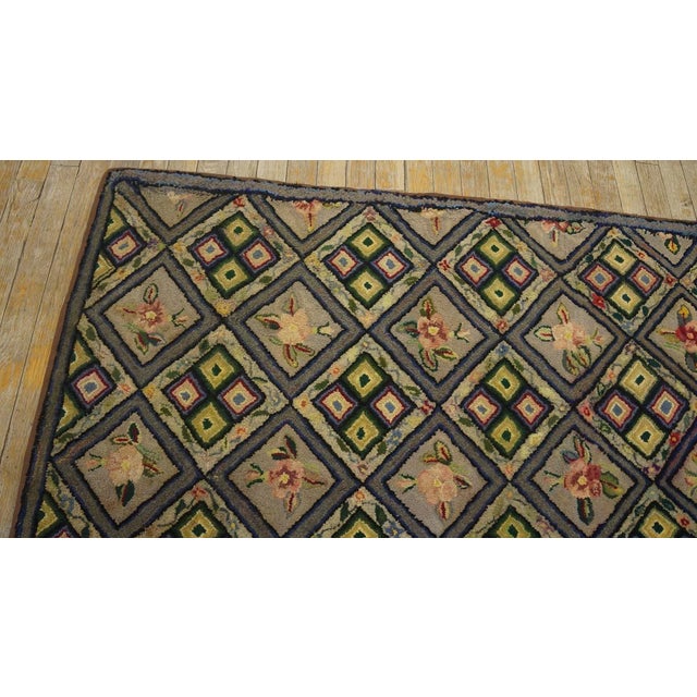 Gray 1920s Gray Geometric Folk Art Antique American Hooked Rug 4'2" X 5'6" Woven Wool Carpet For Sale - Image 8 of 12