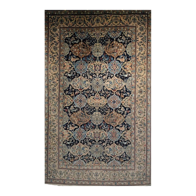 Vintage Nain Area Rug, Hand-Knotted Wool & Silk, Garden of Paradise Pattern, 4x6, Navy & Tan For Sale