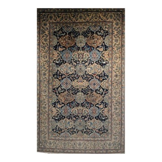 Vintage Persian Nain Area Rug, Hand-Knotted Wool & Silk, Garden of Paradise Pattern, 4x6, Navy & Tan For Sale