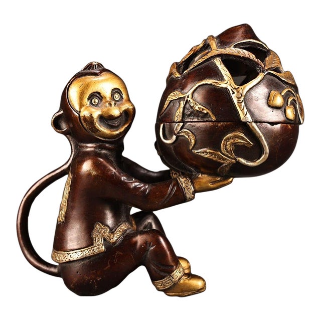 Gilt Bronze Monkey & Peach Incense Burner – Figural Censer, 2.4 LBS For Sale