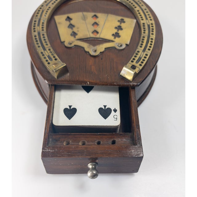 Mid-Century English Oak and Brass Cribbage Playing Card Box With Horseshoe For Sale - Image 9 of 10