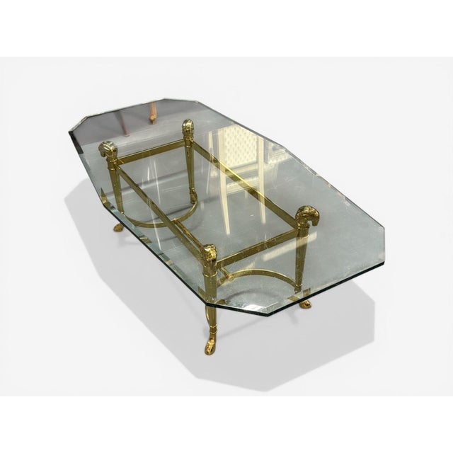Hollywood Regency Jansen Octagon Glass Top Coffee Table, Solid Brass, Rama Head, Hollywood Regency For Sale - Image 3 of 8