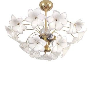 Vintage Murano Style White Milk Glass Flower Chandelier For Sale