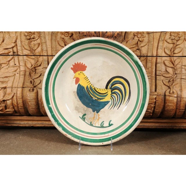 White Italian Early 20th Century Pottery Bowl with Rooster Motif & Green Border For Sale - Image 8 of 13