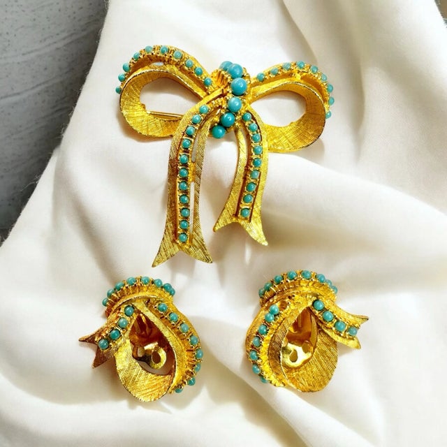 Metal Vintage Jewelry Set by Ballet Jewels Gold Tone Faux Turquoise Brooch Earrings - 3 Pieces For Sale - Image 7 of 8