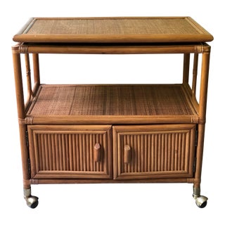 Vintage Mid-Century 1970's Bamboo Ratan Bar Cart For Sale