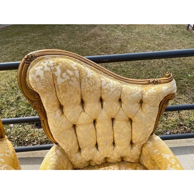 Yellow 1940s Pair of Hollywood Regency Style Gilt Painted and Tufted Back Upholstered Armchairs For Sale - Image 8 of 10