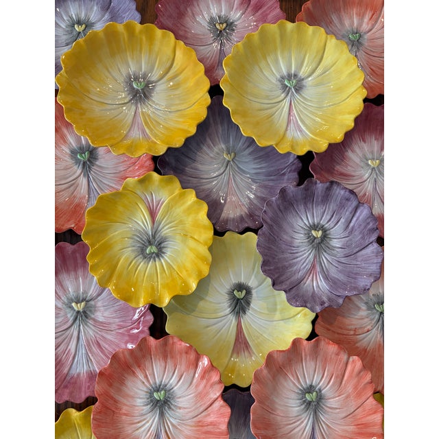 36 plates total Vintage Fitz and Floyd hand painted Pansy-shaped ceramic plates and bowls Small bowls- 6”x 1.5”h a set of...