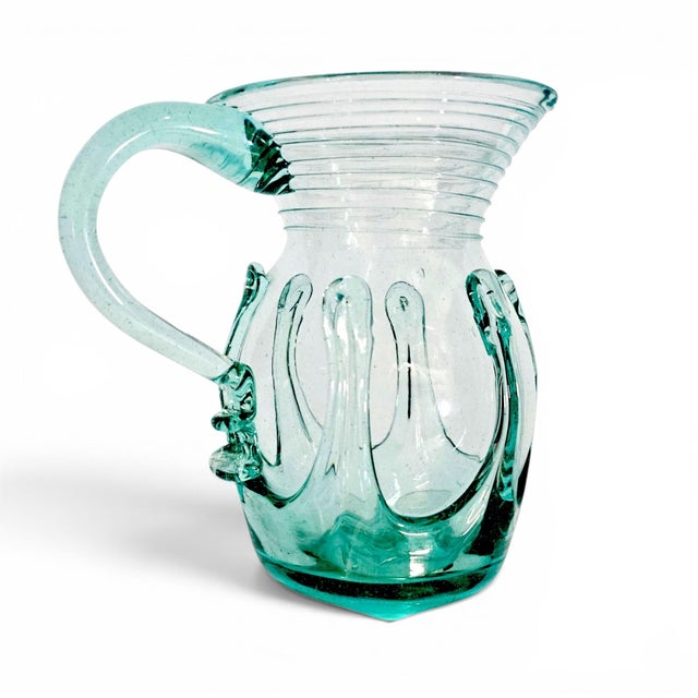 Aqua 1976 Liberty Village Glasshouse Aquamarine Lily Pad Blown Glass Pitcher 6.75" For Sale - Image 8 of 11