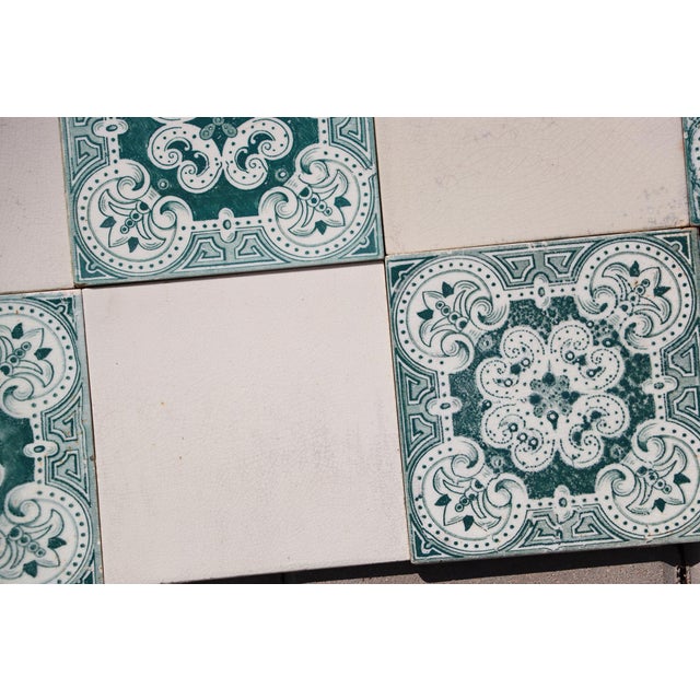 1920s Portuguese Art Deco Tiles Set of 32 Large Green & White Antique Decorative Tiles For Sale - Image 4 of 18