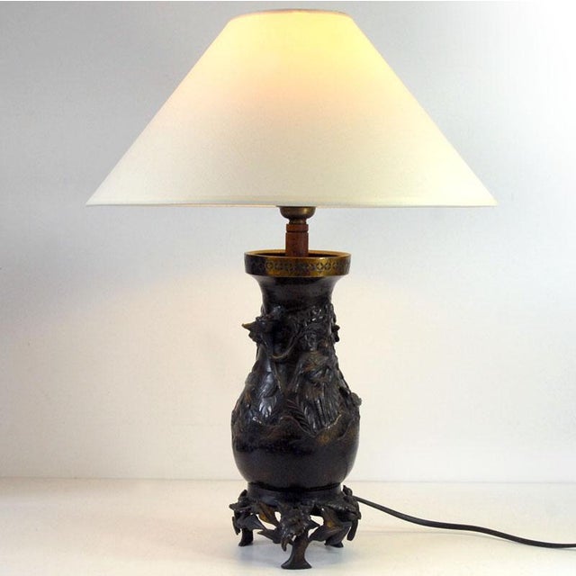 Antique Japanese Bronze Lamp, 1910s, in Very Good conditions. Designed 1890 to 1919 European Plug (up to 250V).The wiring...