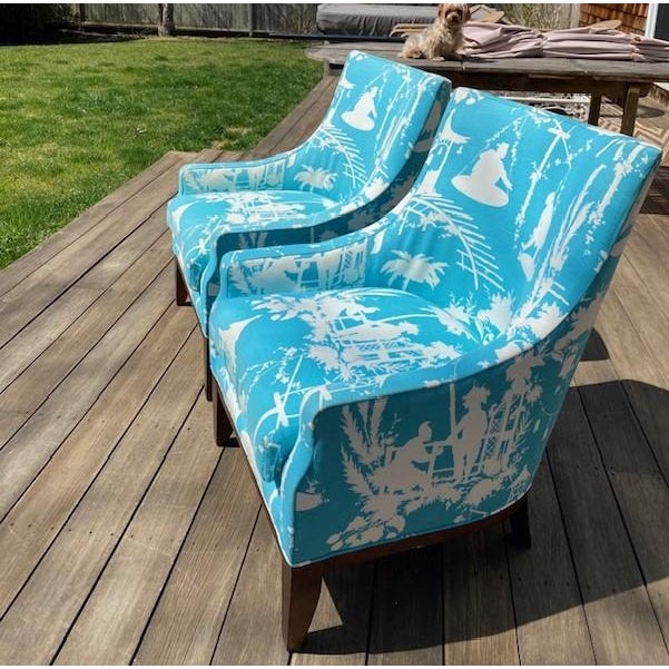 Chinoiserie Custom Oversized Blue and White Wingback Chairs Upholstered in Thibaut, a Pair For Sale - Image 3 of 11