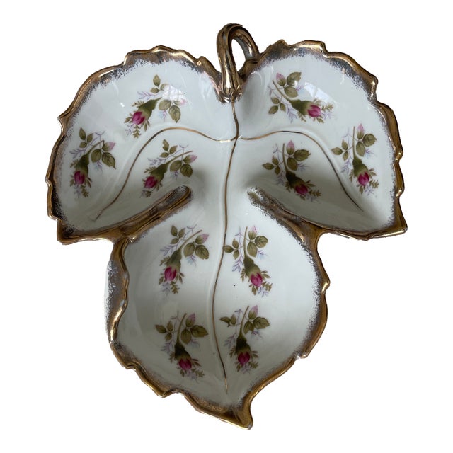 1950s Napco Japan Moss Rose Porcelain Divided Leaf Dish Gold Gilt For Sale