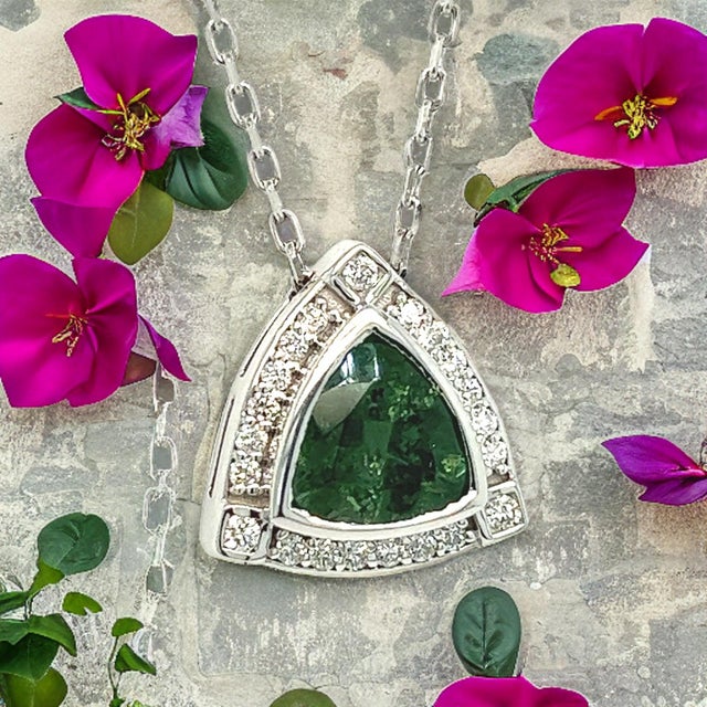 Traditional Natural Tourmaline Diamond Pendant Necklace 17" 14k W Gold 2.49 TCW Certified For Sale - Image 3 of 14