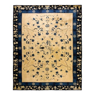 1900s Beige Background Color With Floral Design Antique Chinese Peking Rug For Sale